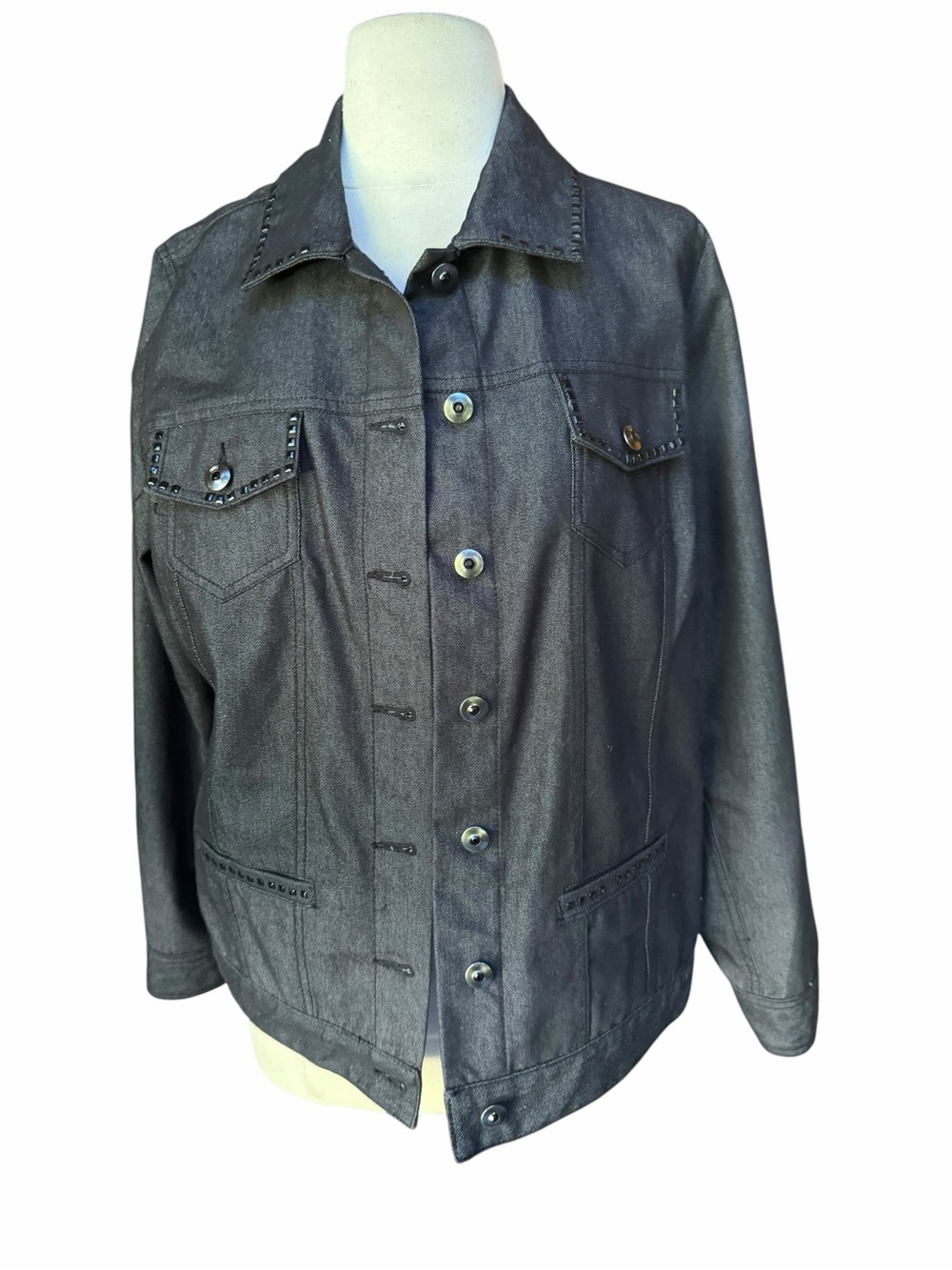 Laura Ashley Embellished Dark Charcoal Gray/Soft Black Wash Denim Trucker Jacket